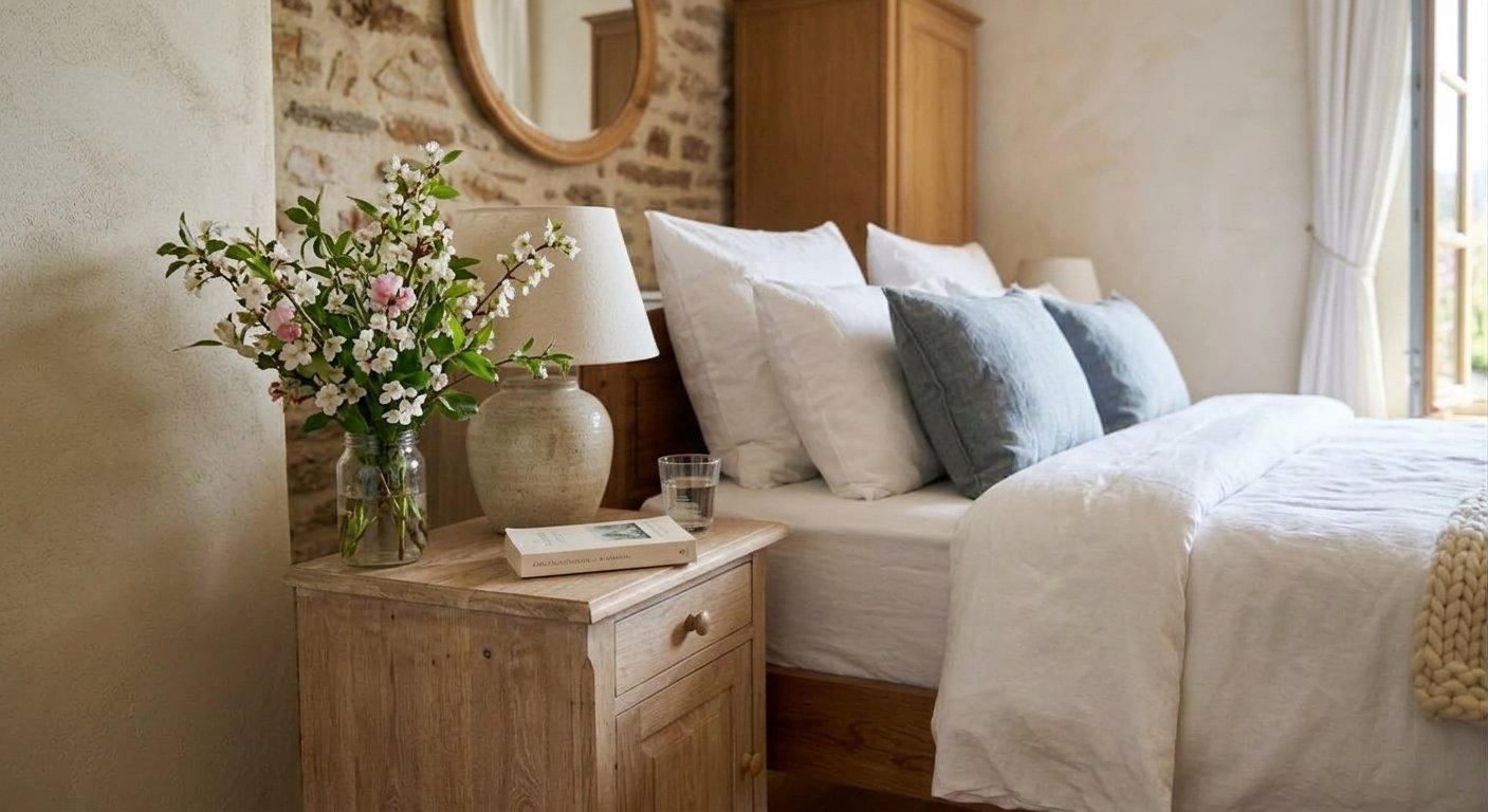 Petit coin de lecture, lampe et fleurs